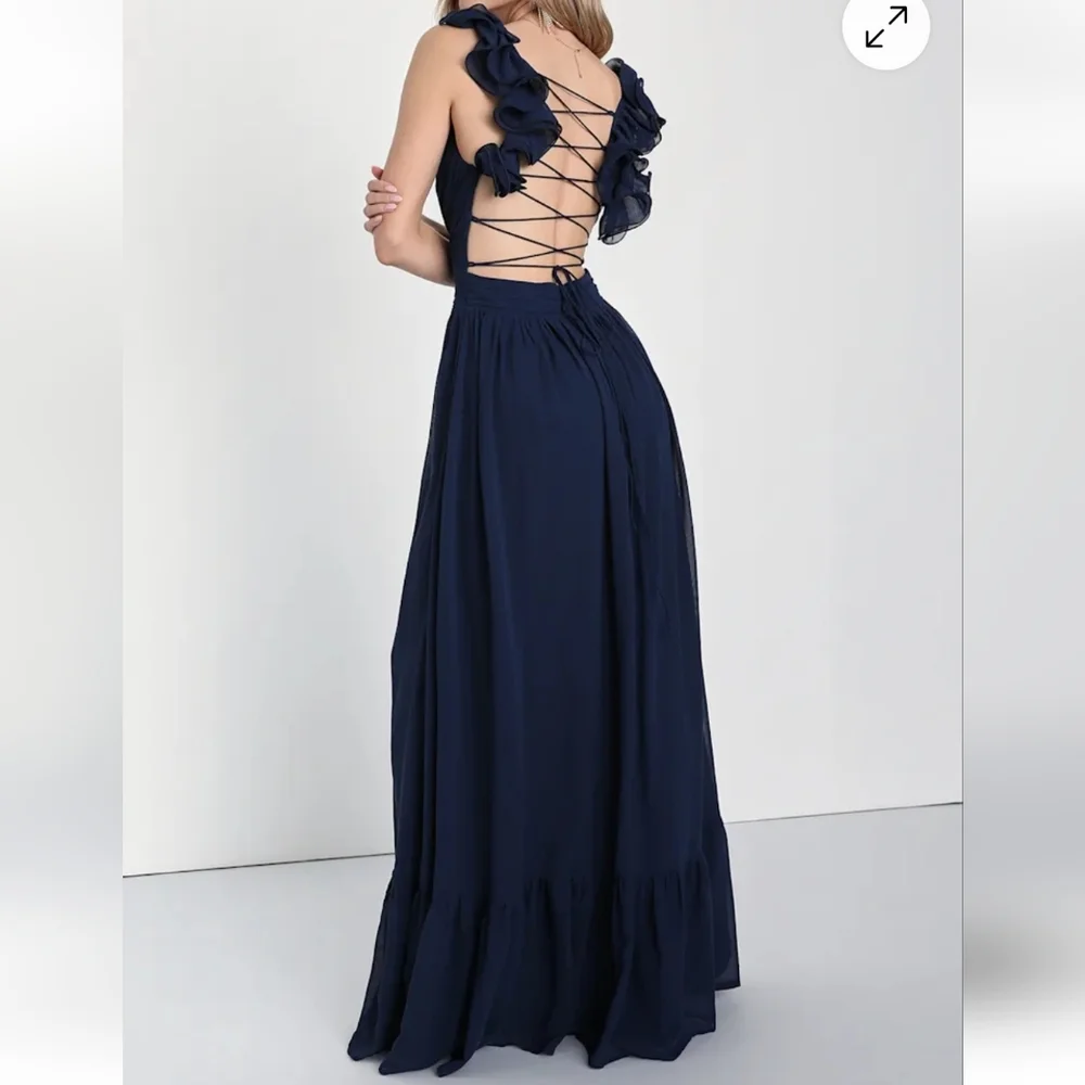 New Lulus Soiree Celebration Navy Blue Ruffled Lace Up Back Maxi Dress Size XL - Picture 2 of 10